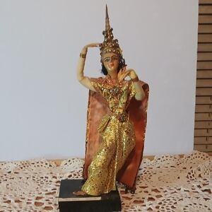 Intricate Gold and Orange Thai Dance Sculpture